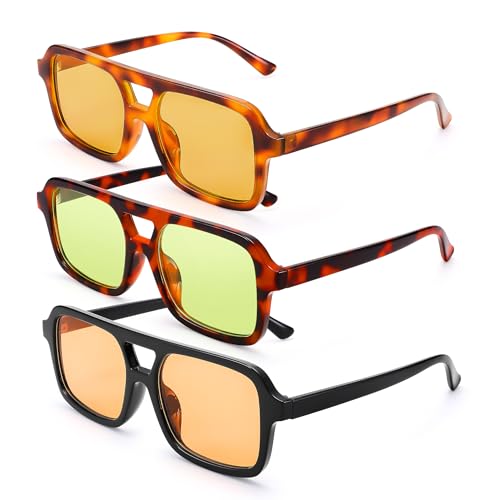 AZorb 3Pack Retro Aviator Square Sunglasses for Women Men - Trendy Vintage Rectangle Shades Double Frame