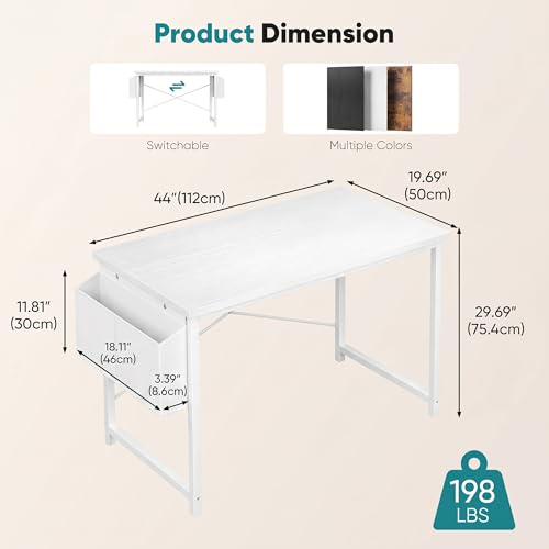 Image of OLIXIS Computer Desk, 44 Inch Gaming Desks for Home Office Small Spaces | Writing Study Craft Work Table, Computer Workstation for Bedroom with Storage Bag, All White