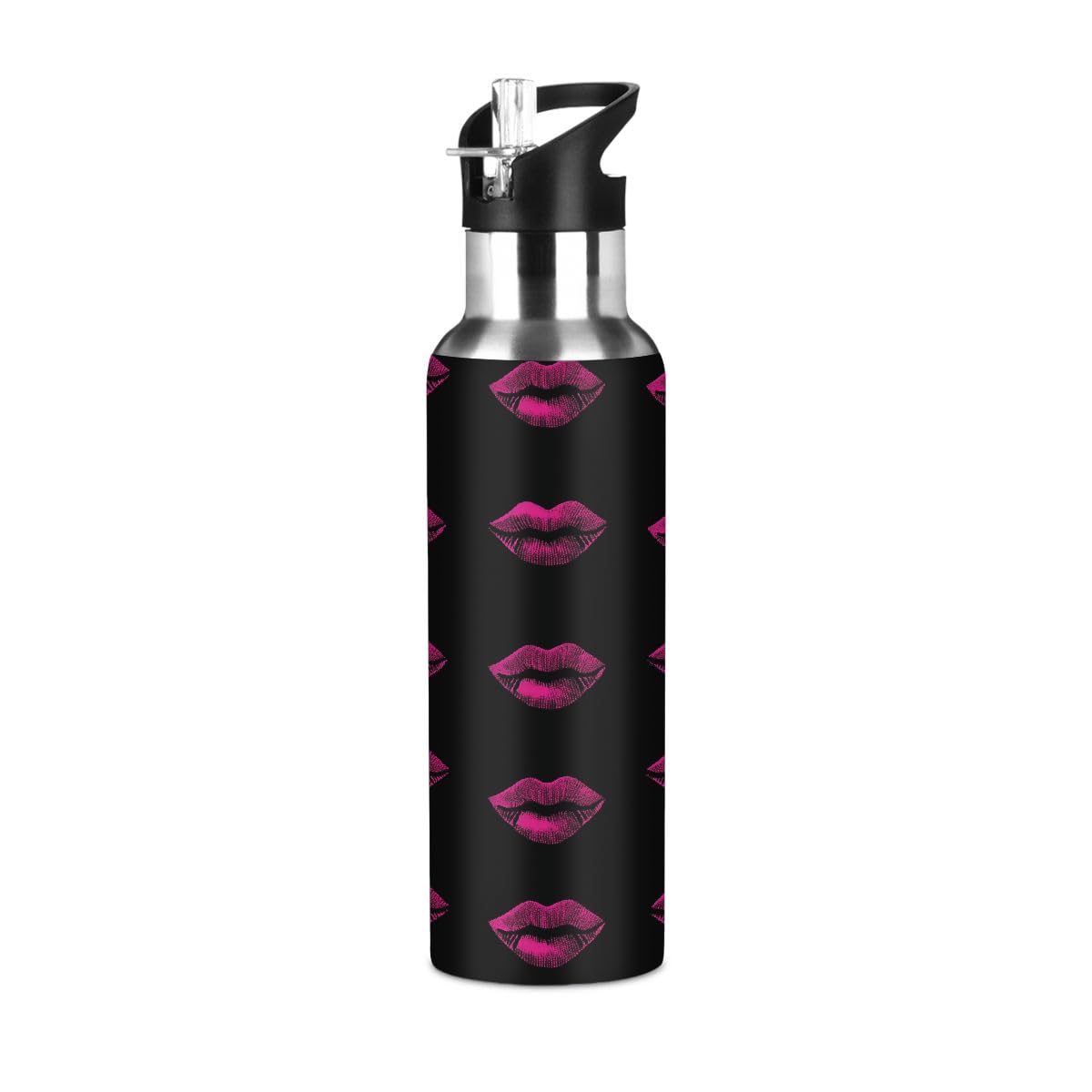 Mexpekil 600ml Stainless Steel Water Bottle with Straw Lid, Pink Lips Double Wall Insulated Drinks Bottle, Leakproof Thermal Flask for Adult Women Men