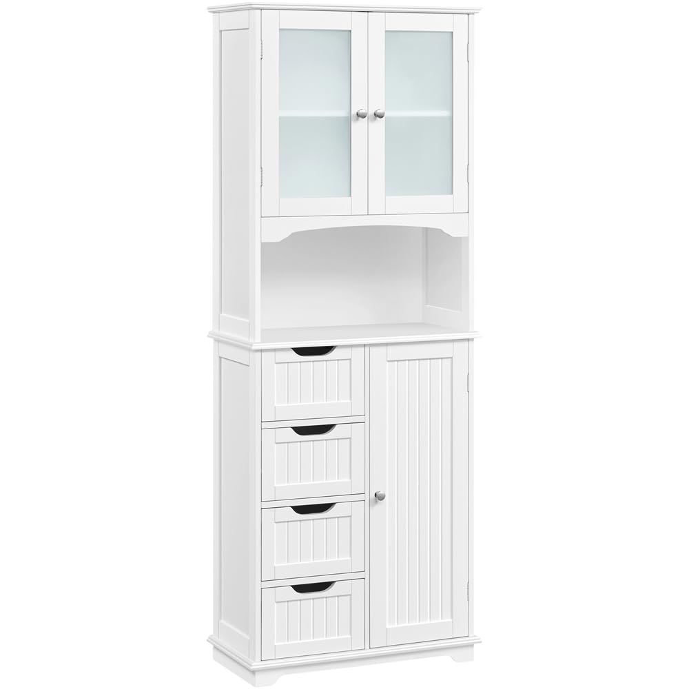 Yaheetech Armadietto da Bagno con 4 Cassetti Armadietto a Terra in Legno con Porte in Vetro Ripiani Regolabili in Altezza per Soggiorno Camera da Letto Corridoio