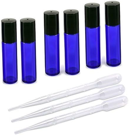 6 x 10ml Cobalt Empty Refillable Metal Roller Ball Roll on Glass Bottles Set/Kit with Dropper Pipettes and Free Transfer Funnel Cosmetics Containers for Fragrance Essential Oil, Aromatherapy Oil, Scented Serum, Lotion, Treatment and More (6 Bottles, 3 Pipettes, 1 Funnel) - Blue Colour