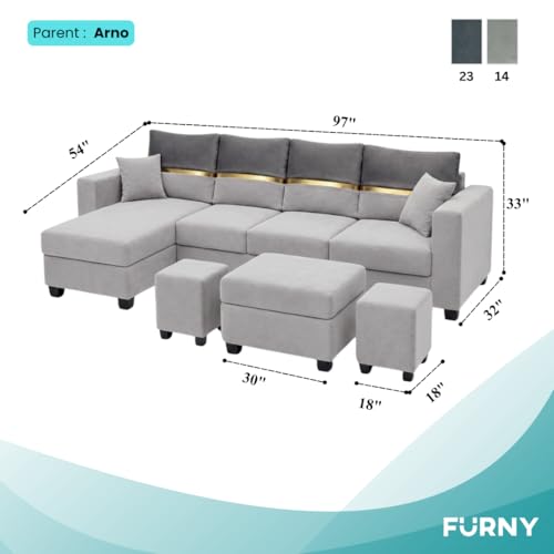 Image of Furny Arvea 8 Seater Fabric LHS L Shape Sofa Set with 1 Centre Table & 2 Puffy (Light Grey-Dark Grey) | Soft Velvet Fabric | Modern Design | Comfortable Seating | Living Room Furniture