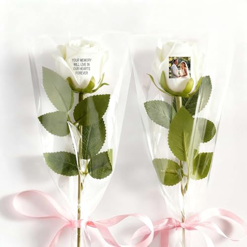 Personalisierte Ewige Rose mit Foto und Gravur, Künstliche Rose mit eigener Liebesbotschaft, Geschenk für Freundin Ehefrau Mutter, Valentinstagsgeschenk, Dekorative Seidenblume 45cm, 10 Farben