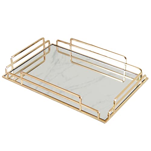 RUIXFLR Rechteckiges Glasspiegel-Aufbewahrungstablett, Servierplatten Mit Goldenem Metallgriff, Verziertes Organizer-Tablett Für Couchtisch Wohnkultur Cover