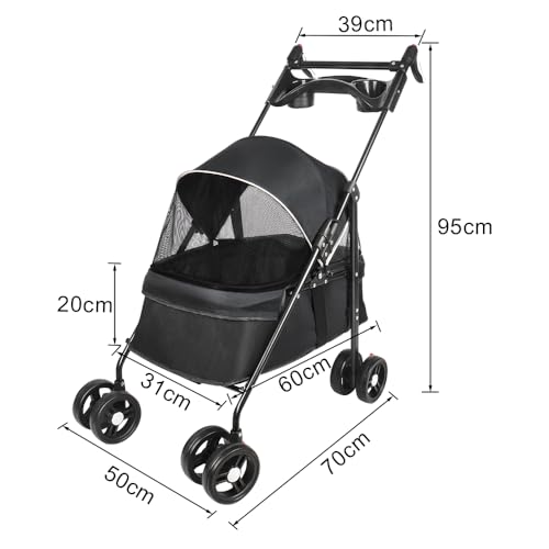 Homewell Klappbarer Haustierwagen mit Getränkehalter, Hundewagen & Katzenwagen, Leicht & Bequem mit Sicherheitsgurt, Atmungsaktiv, Stauraum, bis 20kg (Schwarz)