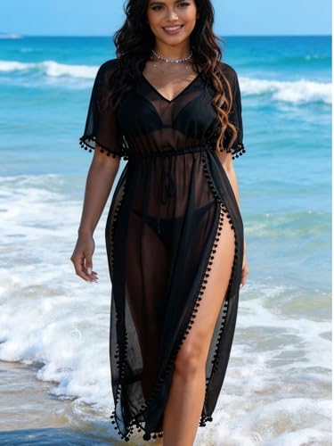Image of YELAIVP Sexy Beach Cover Ups for Women Sheer Mesh Cover Ups for Swimwear High Cut Swim Suit Bikini Bathing Suit Cover Up