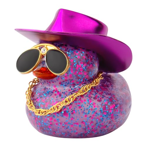wonuu Car Rubber Duck, Dashboard Decorations Colorful Laser Cowboy Hat Ducky for Car Ornament Accessories Ducks with Hat, Necklace, Diamond Glasses (Blink Dark Purple)