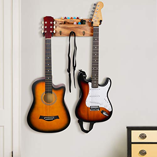 Guitar Holder Wall Mount with Double Rotatable Rubber Hook, Solid Wood Guitar Hanger with Shelf and Pick Holder, Guitar Hanging Rack for Acoustic Electric Guitar, Bass, Banjo, Guitar Accessories