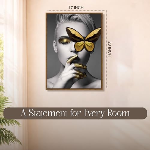 Image of Modern Abstract Portrait Framed Canvas Painting For Living Room | Butterfly Pop Wall Art For Livingroom Wall Decor, Home Decor, Bedroom, Hallway's, Office, Hotel - 43x58 cm