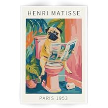SKINGE Funny Dog Bathroom Wall Art Henri Matisse Room Aesthetics Retro Pink Decor Pug on Toilet Canvas Painting Print Artworks Animal Bathroom Art Aesthetics Pictures 16x24 inch Unframed