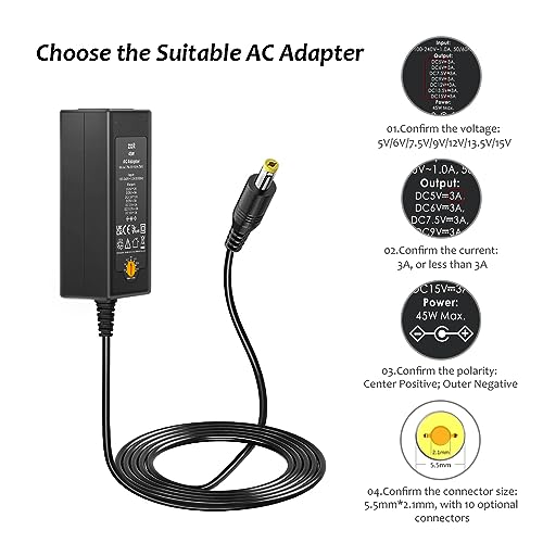 Zolt 45W Universal Netzteil AC zu DC 5V 6V 7.5V 9V 12V 13.5V 15V 3A Schaltnetzteil mit 10 DC-Stecker für Lautsprecher Tablet und mehr Haushaltselektronik, 3000mA Max.