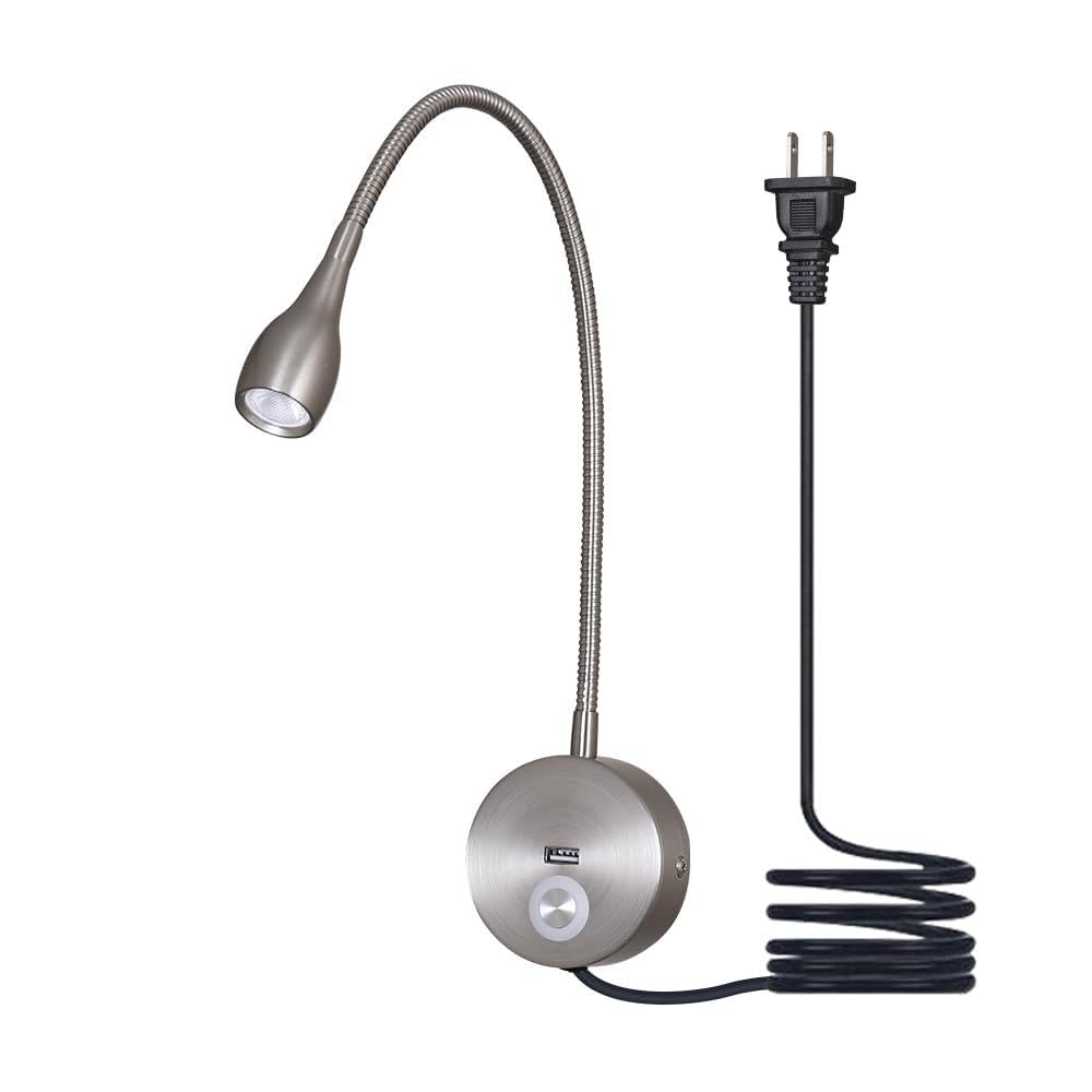 LED Reading Lamp 3W Warm White 3000K Touch Switch USB A Charger for Reading Books Plug Cord 1 Piece (US028-NK)