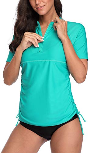 ATTRACO Women Rash Guard Short Sleeve Swimsuit Zipper UPF 50 Surf Shirt Aqua L