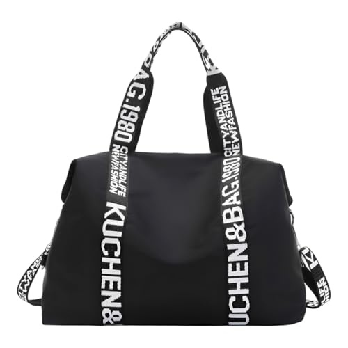 Image of PALAY Travel Bag Black Oxford Cloth Gym Bag Waterproof Letter Print Strap Crossbody Bags Large Capacity Zip-up Mommy Duffle Bags for Travelling