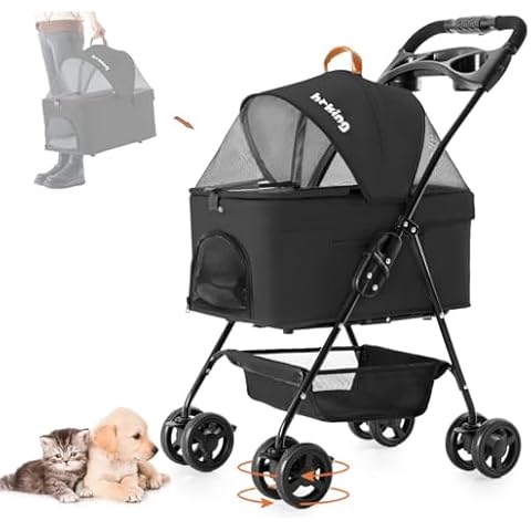 LPOTIUS 3-in-1 Pet Stroller for Small Dogs and Cats, Folding Lightweight Dog Stroller with Detachable Carrier Portable Cat Puppy Jogging Stroller with Cup Holder and Storage Basket, 4 Wheels Cover