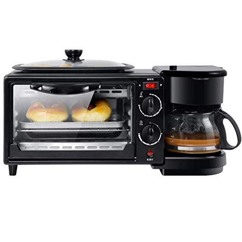 Toaster Retro 3-in-1 Family Size Breakfast Station, Coffeemaker, Toaster Oven, Griddle, Multi-Function Breakfast Maker Machine with 600ml Coffee Machine and 9L Electric Oven, 1050W/220V, Black