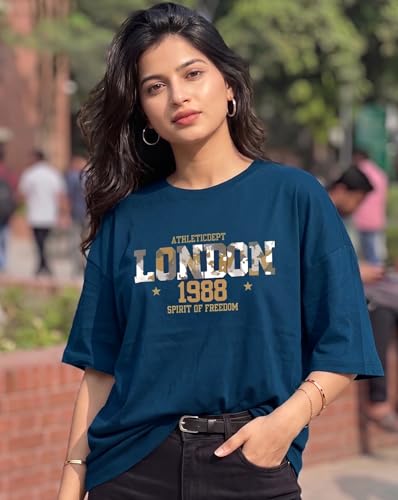 Image of Women's Typography Round Neck Cotton-Blend T-Shirts, Oversized Drop Shoulder Boho Style T-Shirt