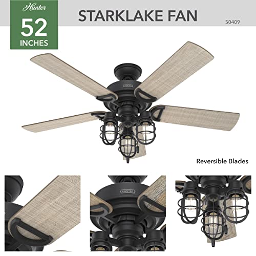Hunter Fan Company 50409 Hunter Rustic 52 Inch Starklake Indoor or Outdoor Ceiling Fan with 3 LED Edison Bulbs, Pull Chain Control, and Quiet 3 Speed Motor, 52, Natural Iron finish - Image 2