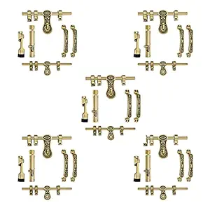 Peppa Door Kit Antique Brass Finish Standard Size Door Fitting Accessories/Door Accessories Kit/Front Aldrop/Back Latch/Two Handles/Door Stopper &Tower Bolt, Golden / 6 Count (Flame) Pack of 5