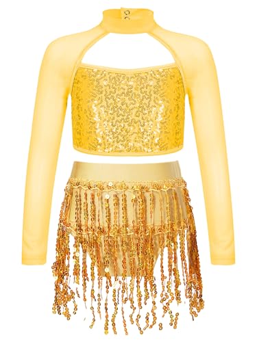 Alvivi Niñas Niños Dos - Piezas Trajes de Baile Latín Tops de Lentejuelas Cortos con Malla Transparente y Pantalones Cortos con Pompas de Lentejuelas para Espectáculos de Baile Oro 5-6 años