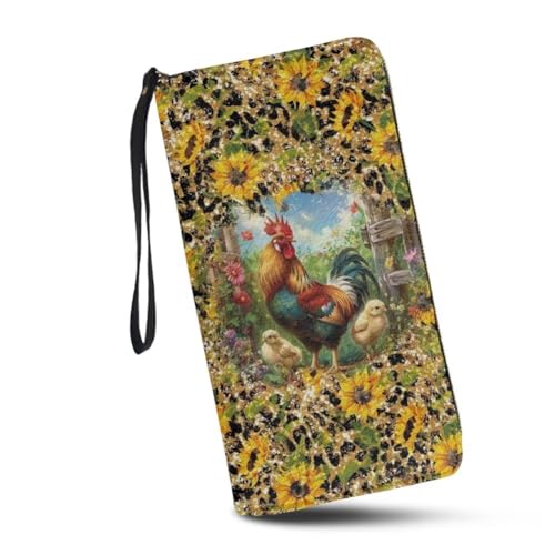 JUDENTIDOS Sunflower Chickens Wristlet Wallets for Womens Leather Credit Card Holder RFID Blocking Large Capacity Purse Clutch