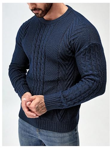 WDIRARA Men's Cable Knit Sweater Crew Neck Long Sleeve Pullover Casual Knitted Tops2