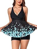 Summer Mae Women Tankini Bathing Suit Two Piece Swimsuit Twist Front V-Neck Flared Top Swimwear with Shorts Neon Papillon Small