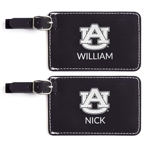 Lifetime Creations Pair (2) Personalized Auburn Tigers Luggage Tags (Black) - Officially Licensed, Vegan Leather Gift for Graduation, Father's Day, Football Fan