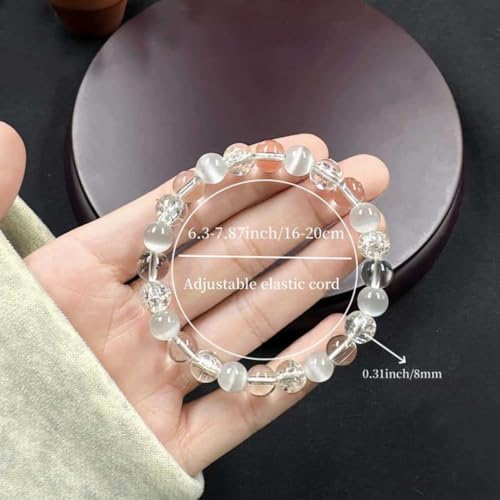 Anxiety Bracelets for Women Men White Crystal Cat's Eye Natural Stone Handmade Gemstones Crystal Elastic Adjustable Yoga Beads Bracelet Spiritual Jewelry Gifts3