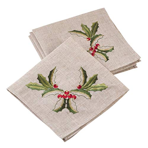 Fennco Styles Embroidered Holly Design Christmas Linen Blend Cloth Napkins 20 x 20 Inch, Set of 4 - Natural Dinner Napkin for Home Décor, Banquets, Holiday Gathering and Special Events