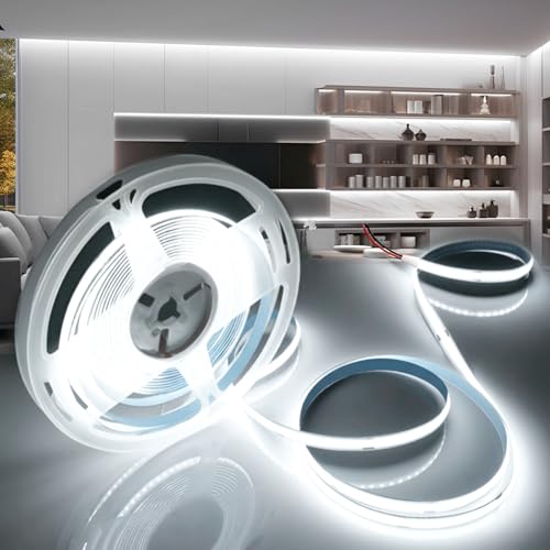 BAGZY COB LED Strip Light 24V 10M/16.4ft Width 8mm Cool White 6000K Self Adhesive Flexible Cuttable 320LEDs/M Tape Lights CRI90+ Uniform Dotless for Kitchen Under Cabinet Living Room (No Power Supply)