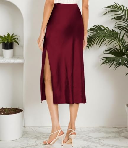 Image of Amy Babe Womens Satin Silk High Waist Slit Midi Skirt Long Skirts for Women | Elastic Waistband, Side Split, Midi Length, Below the Knee, Silky Fabric, Elegant, Fall Winter Outfits