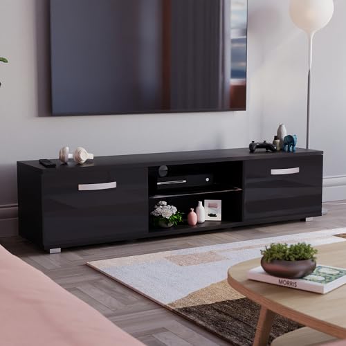 Mueble de TV LED de 140 cm con luces RGB, brillante y mate, 2 puertas, soporte de MDF Ma, piel moderna para sala de estar, centro de entretenimiento blanco