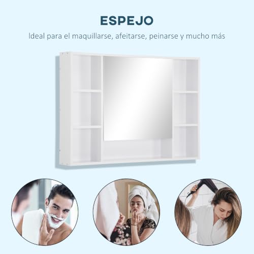 Miniatura 7 de Kleankin Armario De Baño Con Espejo Armario De Pared Mueble De Baño Colgar Con Puerta Estantes Abiertos 100x15x70 Cm Blanco