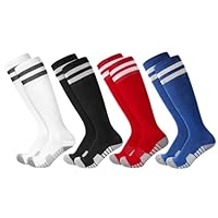 Zuimei 4 Pairs Kids Football Socks Boys, Anti Slip Football Socks Black Breathable Athletic Soccer Sock Training Running Sports Sock for Aged 5-7, Black White Red and Blue
