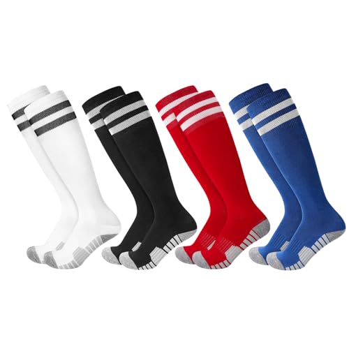 Zuimei 4 Pairs Kids Football Socks Boys Anti Slip Football Socks Black Breathable Athletic Soccer Sock Training Running Sports Sock for Aged 7-12 Black White Red and Blue