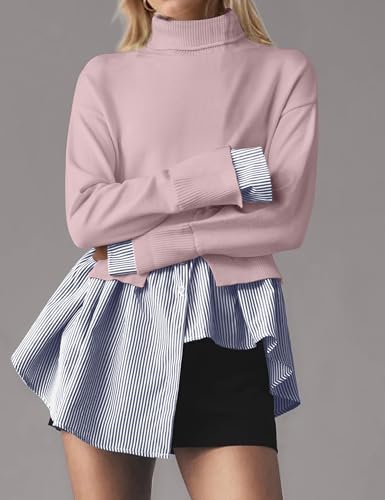 Image of MISSACTIVER Women Slit Turtleneck Patchwork Sweater 2 in 1 Buttons Down Pullover Knit Sweater Asymmetrical Hem Shirt Top