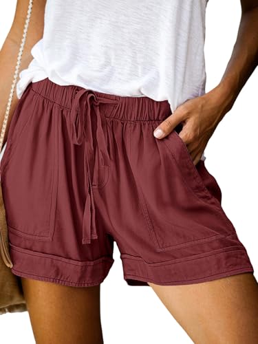 Wielsscca Womens Drawstring Shorts Trendy Summer Elastic Waist Cute Cotton Lightweight Dressy Casual with Pockets Q-Wine Red XL