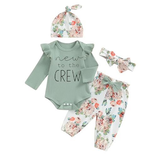 Madjtlqy Newborn Baby Girl Fall Winter Clothes Long Sleeve Ribbed Romper Top Bow Pants Headband Hat Set Coming Home Outfits