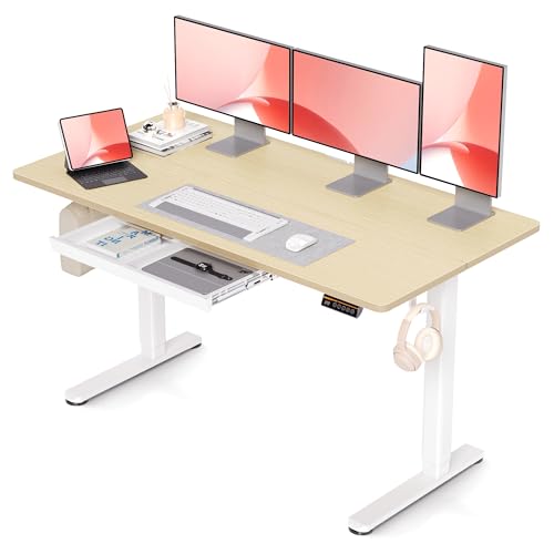 Claiks Scrivania Regolabile in Altezza, 140 x 60 cm Scrivania Elettrica Regolabile con Cassetto, Desk per Computer per Casa e Ufficio,Beige