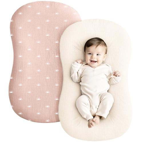 Image of Konssy Muslin Baby Lounger Cover 2 Pack, 100% Cotton Newborn Lounger Cover, Soft and Breathable Lounger Slipcover for Boys Girls, Covers Only (Oat,Pink Sun)