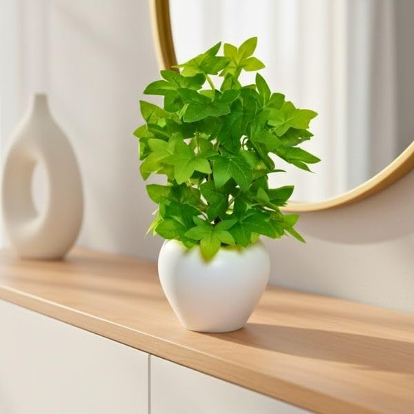 Image of fancymart Artificial Plant Leaves in Apple Pot (30 cm Height) | Small Potted Plant for Office Desk | Home Decor for Living Room | Cafe & Restaurant Table Decoration