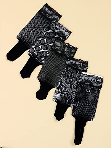 Verdusa Women's 5 Pairs Striped Plaid Mesh Sheer Socks Lace Black One-Size #TOP1