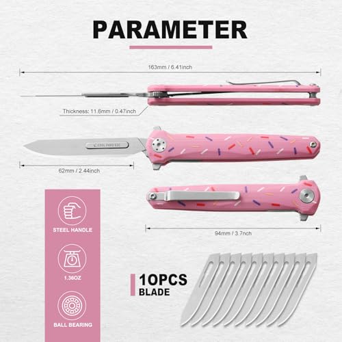 Mini Slim Folding Scalpel,Scalpel Pocket Knife with 10pcs #60 Replaceable Razor Blades,G10 Handle EDC Utility Knife with Liner Lock,Pocket Clip,Gift for Men Women(Donut)