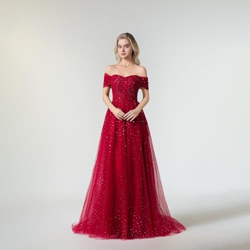 Sparkly Tulle Prom Dresses for Women Long Off Shoulder A-Line Formal Evening Party Gowns Masquerade Dresses2