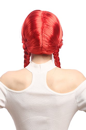 WIG ME UP - XR-008-PC13 Lady Party Wig Halloween Lolita schoolgirl long braided plaits with ribbons fringe red 23inch