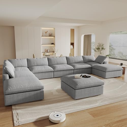 Image of Cloud Couch Modular Sectional Sofa,196inch U-Shaped Sectional Sofa with Storage Ottomans,Oversized Down Filled Convertible 9 Seater Linen Living Room Sets, Covers Washable&Replaceable,Gray