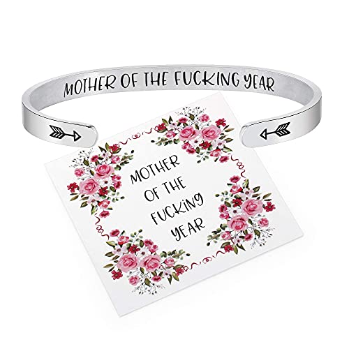 Enni of York Mother of the fucking year for Women Birthday Gifts for Her Silver Cuff Bangle American flag Bracelet