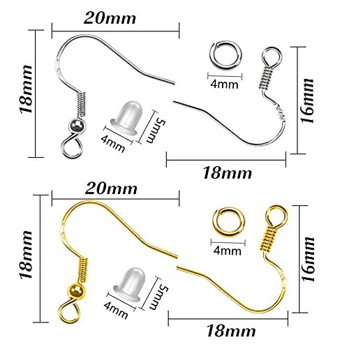 TOAOB 925 Sterling Hypoallergenic Earring Hooks 600pcs Earring Making Kit with Ear Wire Fish Hooks Jump Rings and Clear Earring Backs Silver Gold Earring Parts Findings for DIY Jewelry Making