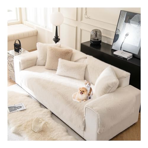 Funda de terciopelo grueso de felpa de conejo para sofá de 1 y 3 plazas, antideslizante, en forma de L, cálida y mullida, protector de cojín para sofá, beige, 90 x 240 cm